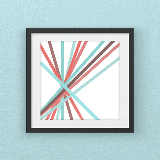 A framed digital artwork featuring abstract geometric lines in red, blue, and gray on a white background