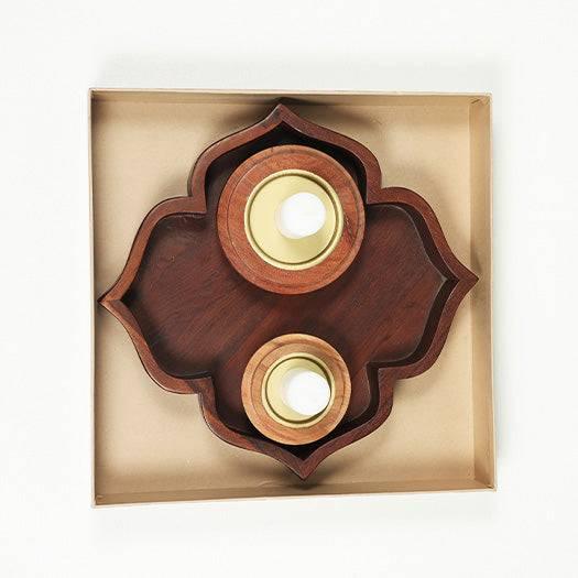 Lotus Tray Hamper - Set of 1 Tray & 2 Wooden Candle Holders