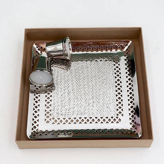 Alu Quad Silver Platter - Set of 1 Platter & 2 Votives