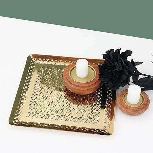 Alu Quad Gold Platter - Set of 1 Platter & 2 Wooden Candle Holders