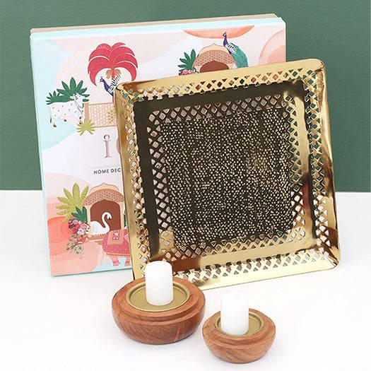 Alu Quad Gold Platter - Set of 1 Platter & 2 Wooden Candle Holders