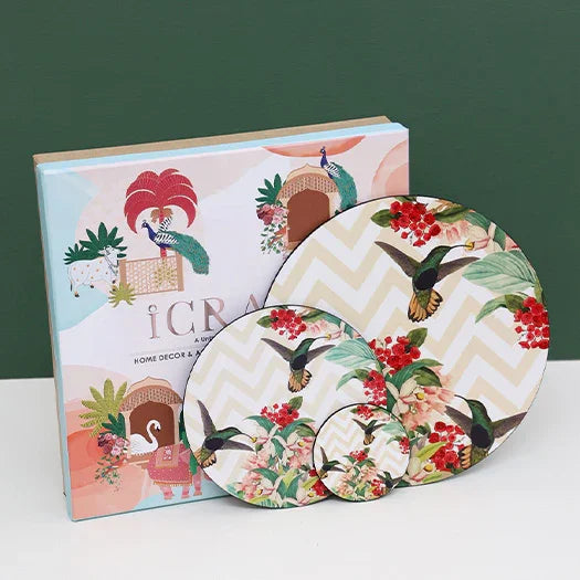 Charming Birds Serveware Set - Set of 6 Round Tablemats, 4 Trivets, & 6 Coasters