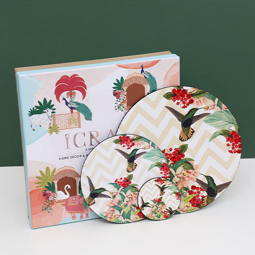 Charming Birds Serveware Set - Set of 6 Round Tablemats, 4 Trivets, & 6 Coasters