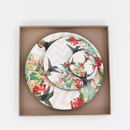 Charming Birds Serveware Set - Set of 6 Round Tablemats, 4 Trivets, & 6 Coasters